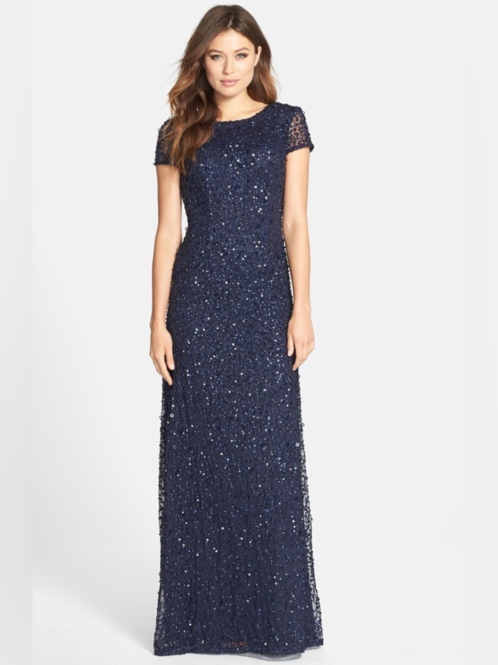 Adrianna Papell Elegant Navy Sequined Evening Gown